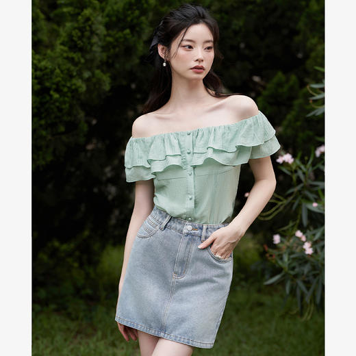 夏日清新气质一字肩荷叶边衬衫女夏季法式氛围感修身衬衣V0041730 商品图3