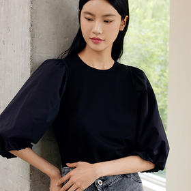 玳莎设计感圆领针织衫女2024年早秋新款时尚小众拼接七分泡泡袖上衣  EC31201