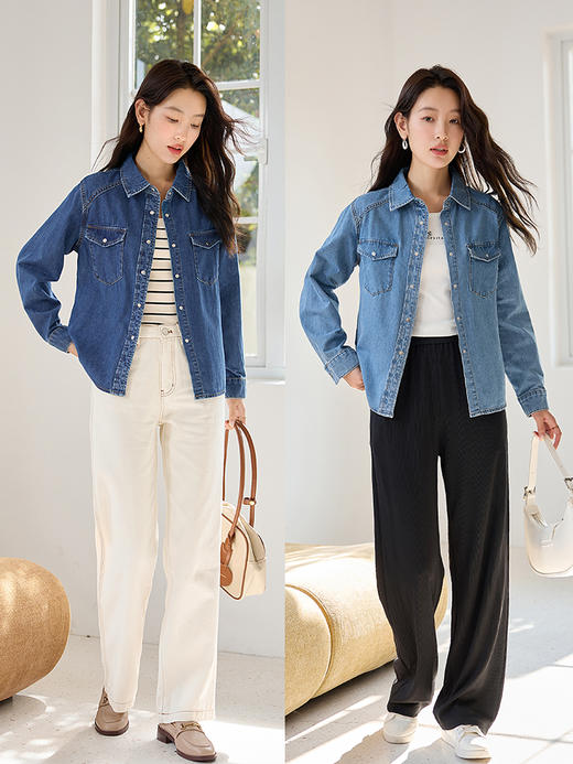 【年终特卖】熙世界牛仔衬衫春秋2025新款时尚宽松休闲复古纯棉长袖衬衣外套 商品图4