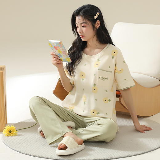 【自带无感Bra 贴身舒适 防凸点外穿不尴尬】2024夏季新款带胸垫睡衣 女棉质短袖长裤 可外穿薄款 女士家居服-QQ 商品图2