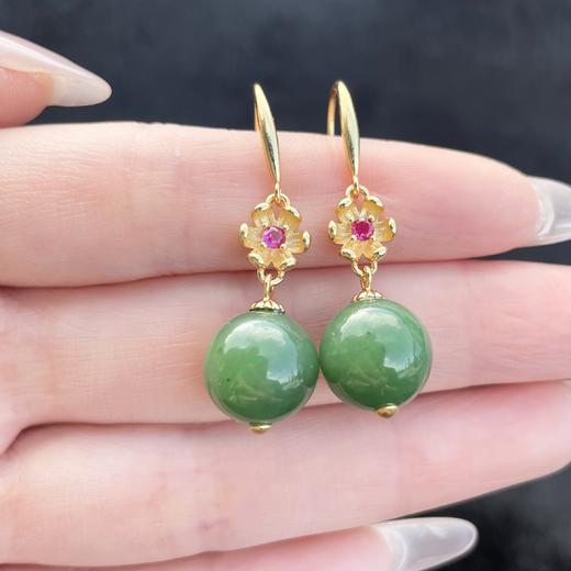 玉美人菲菲HZ#S925碧玉花瓣圆珠耳坠约11mm 商品图0