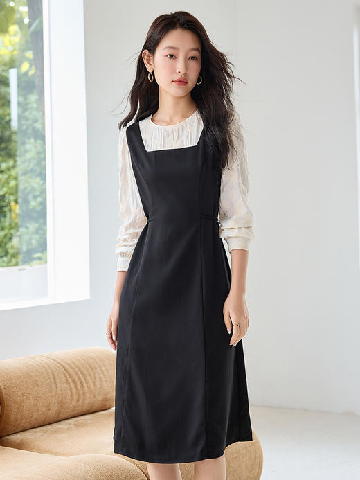 【专属特价】熙世界法式赫本千金风黑色连衣裙秋长袖刺绣拼接假两件显瘦裙子 商品图1