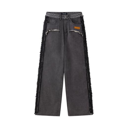 ACEYKYB秋季长裤新款猫须毛边水洗黑裤子潮流美式街头宽松直筒牛仔裤 商品图5