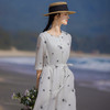 HM-S446白色碎花刺绣连衣裙文艺圆领中袖高腰系带旅行仙气大摆裙春夏新款 商品缩略图2