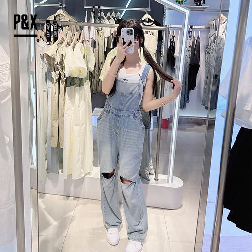 P&X设计师女装夏季直筒宽松百搭牛仔背带长裤 824230095 蓝色 商品图1