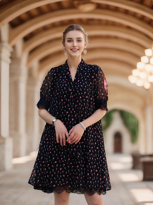 飘带领拼接花边法式连衣裙 商品图0