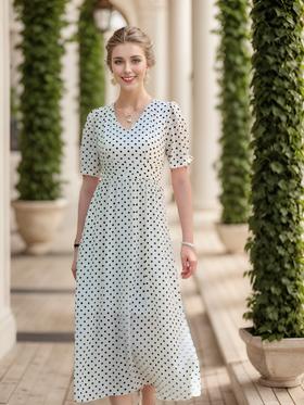 泡泡袖V领收腰压褶连衣裙