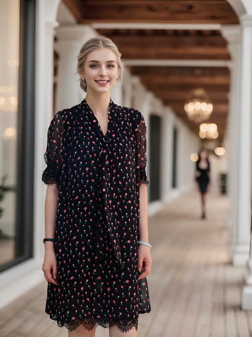 飘带领拼接花边法式连衣裙 商品图3