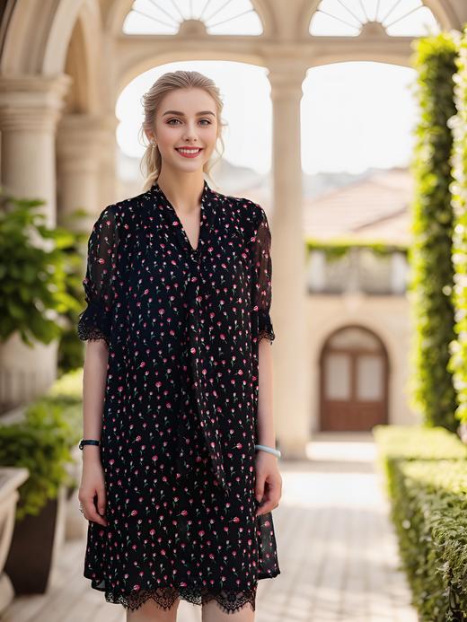 飘带领拼接花边法式连衣裙 商品图1