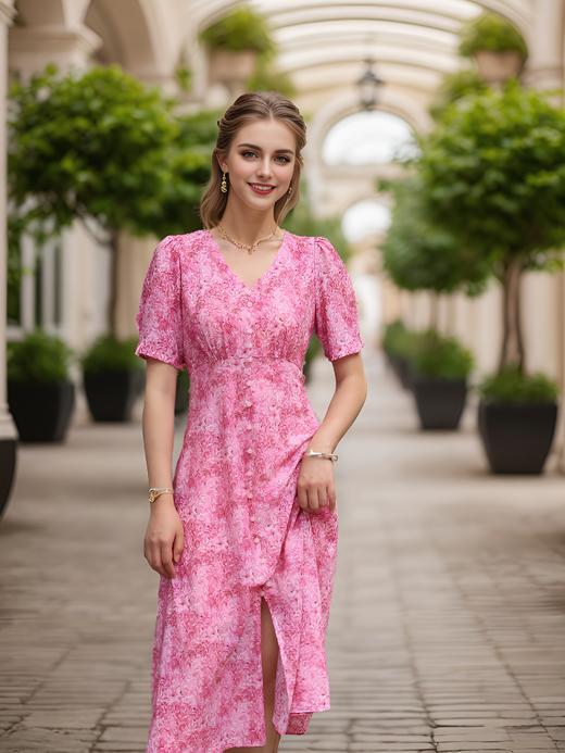 V领前一排扣连衣裙 商品图1