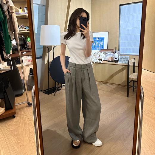 ROMI STUDIO“经典升级” 斜纹亚麻高腰透气杏仁绿阔腿西裤K3710 商品图1