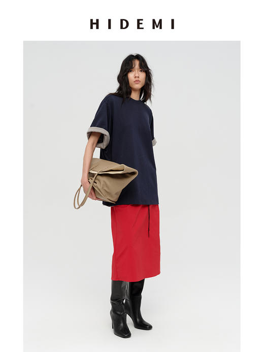 HIDEMI 极简麂皮抽绳松紧带干爽棉口袋休闲感半身裙 马斯正红/雾霾蓝灰 商品图5