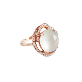 【天然正品】AU750精品玫瑰金镶钻镶天然高冰种蛋面翡翠（圆满、吉祥）戒指13号（戒圈可改）080724PM05