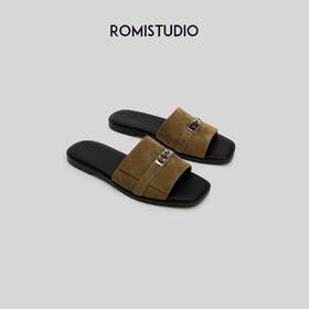 ROMI STUDIO闭眼入~极简高级法式金属扣H拖鞋真皮懒人凉拖鞋S3540
