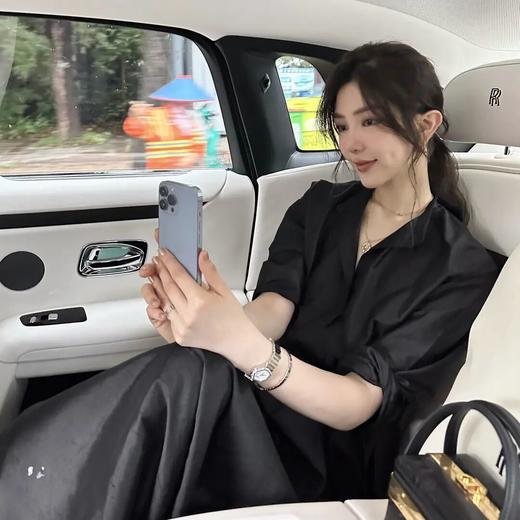 ROMI STUDIO“新中式”醋酸丝麻立领前短后长宽松黑色长衬衣裙T4038 商品图0