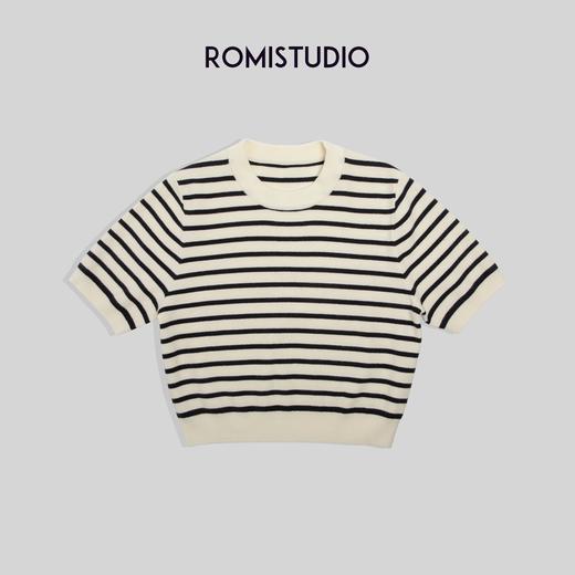 ROMI STUDIO复古做旧 简约百搭针织黑白条纹修身针织短袖 M3392 商品图4