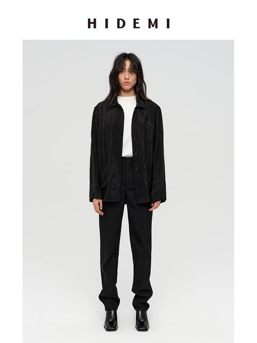 HIDEMI 进口铜氨丝缎面复古翻领式口袋衬衫 古铜酒红/碳黑色 商品图8