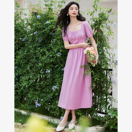 法式浪漫文艺泡泡袖连衣裙女夏季收腰方领短袖连衣裙V1241053 商品图1