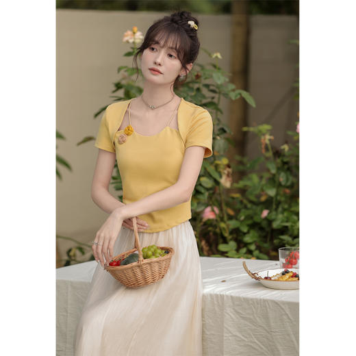 鹿向南 小个子「夕阳微光」显瘦气质短袖t恤女24新款夏季设计感上衣 商品图2