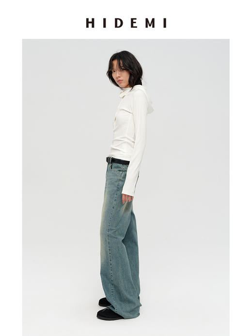 HIDEMI 多重水洗做旧感微喇叭宽松中低腰长裤牛仔裤 商品图8
