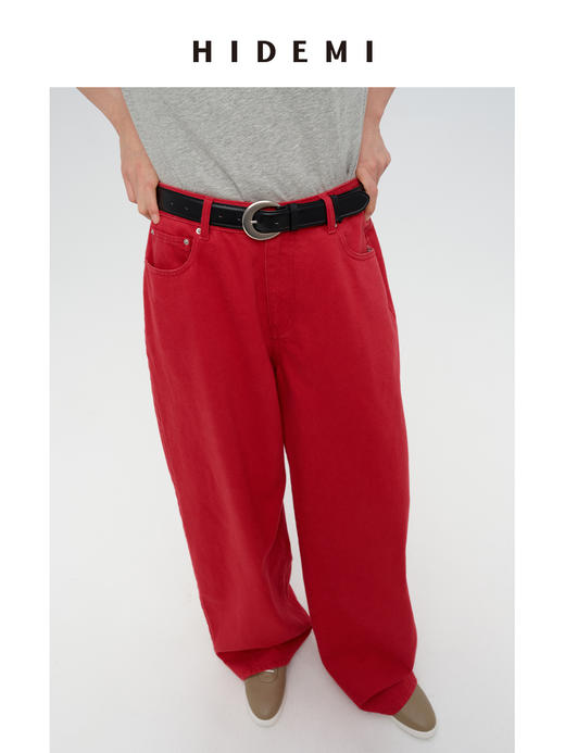 HIDEMI 复古红阔腿宽松中腰牛仔裤长裤 商品图7