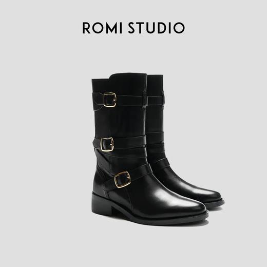 ROMI STUDIO“复古英伦”进口牛皮粗跟尖头绑带金属扣筒靴 23AWS073 商品图0