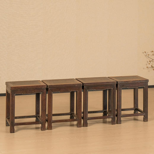 清 红木镶瘿木洼膛肚方凳成堂（一堂四只） 商品图4