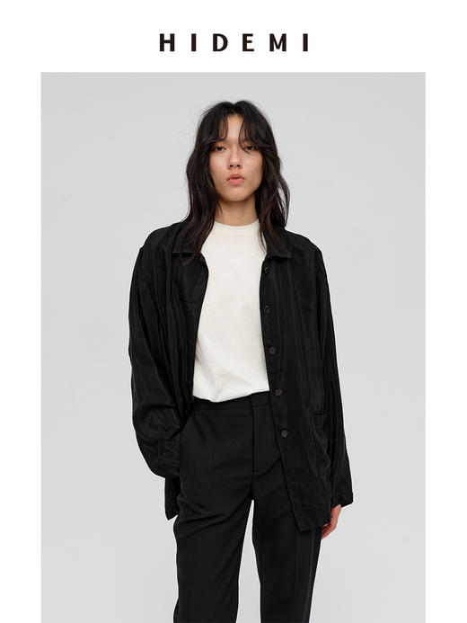 HIDEMI 进口铜氨丝缎面复古翻领式口袋衬衫 古铜酒红/碳黑色 商品图10