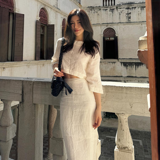 ROMI STUDIO“夏日浮想”100%亚麻纸皱感砂洗洗水直筒半裙 421X5114 商品图3