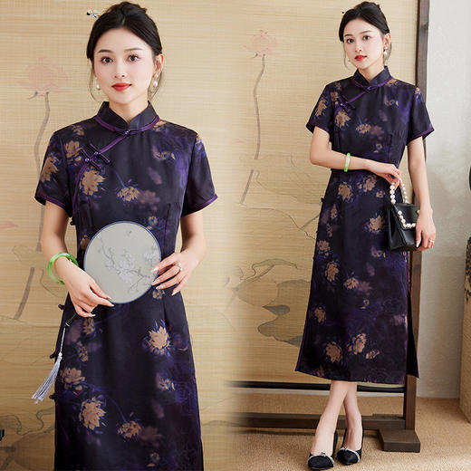 LS-2393真丝香云纱连衣裙女2024新款夏季短袖印花旗袍桑蚕丝裙 商品图0