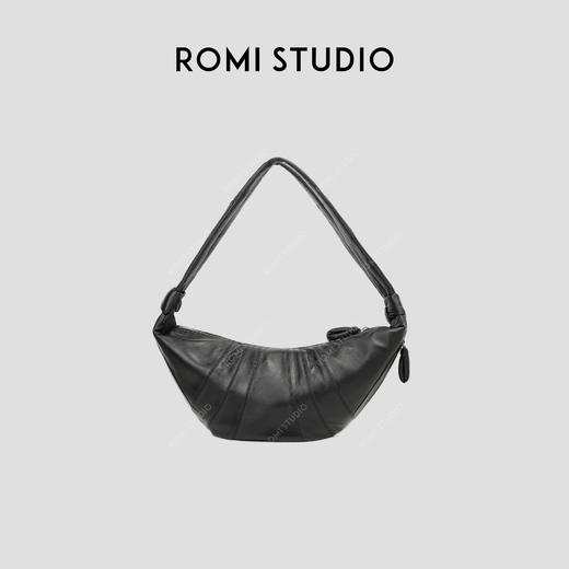 ROMI STUDIO"侘寂风"全羊皮大容量单肩斜跨黑色牛角包23AWB176 商品图0