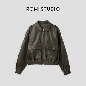 ROMI STUDIO“Vintage”土耳其羔羊皮手工做旧深棕皮衣外套23AWW891【微瑕】