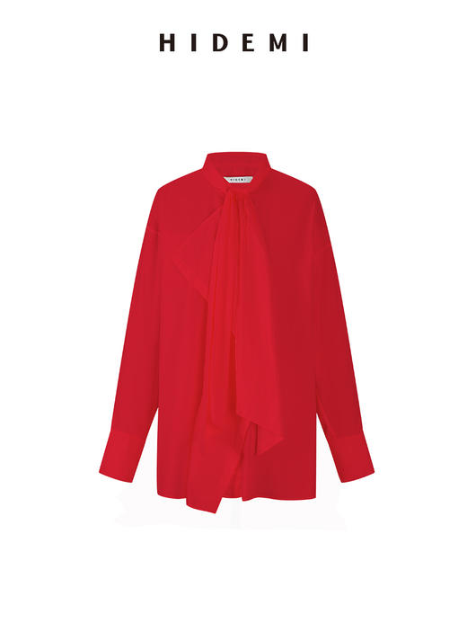 HIDEMI 极简廓形不对称堆叠感设计感圆领长袖衬衫上衣 马斯正红/奶油米/色织格纹 商品图8