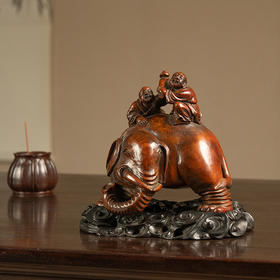 清 竹雕吉祥如意摆件（红木座）