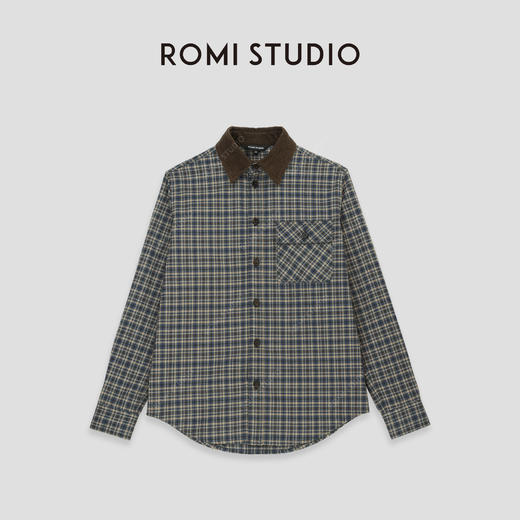 ROMI STUDIO“美式复古”腔调穿搭细格纹拼灯芯绒长袖衬衣24SST118 商品图4