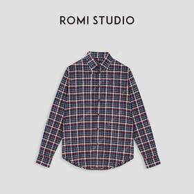 ROMI STUDIO“美式复古”100%棉水洗磨毛宽松格纹翻领衬衣24SST212