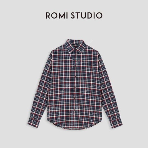 ROMI STUDIO“美式复古”100%棉水洗磨毛宽松格纹翻领衬衣24SST212 商品图0
