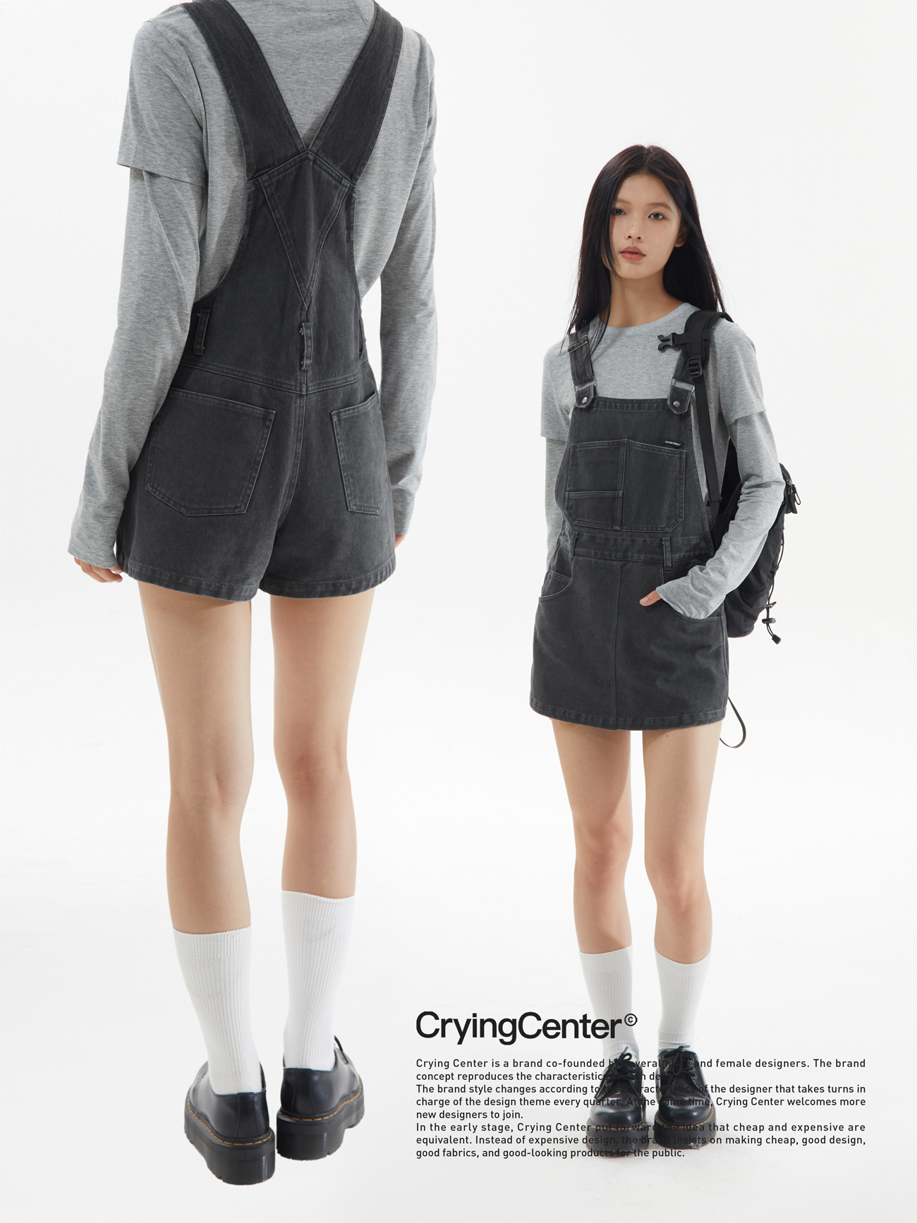 CryingCenter 深灰洗水牛仔复古甜酷少女背带短裤裙裤 哭喊中心