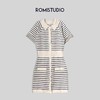 ROMI STUDIO【高定私服】复古休闲收腰 杏拼蓝条针织连衣裙M3193 商品缩略图0
