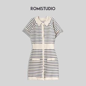 ROMI STUDIO【高定私服】复古休闲收腰 杏拼蓝条针织连衣裙M3193