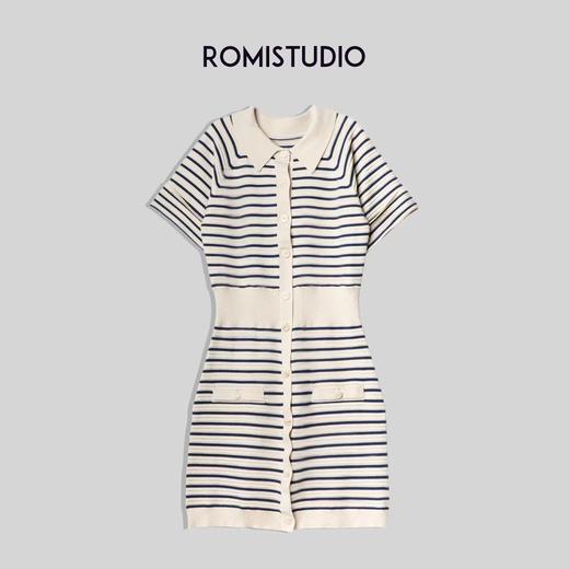 ROMI STUDIO【高定私服】复古休闲收腰 杏拼蓝条针织连衣裙M3193 商品图0