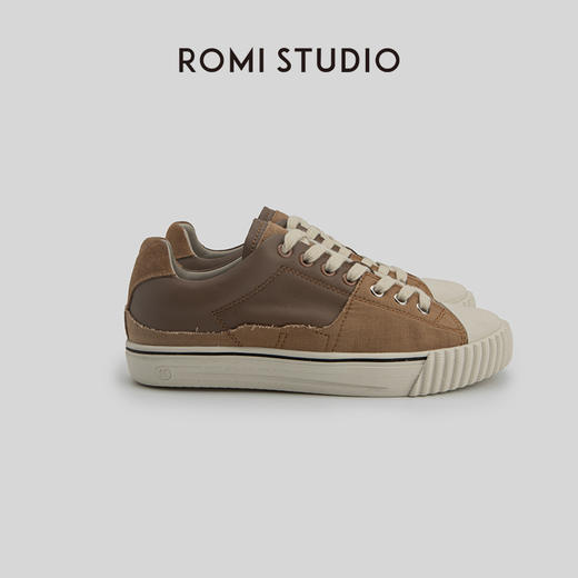 ROMI STUDIO小众简约 百搭皮质帆布撞色拼接饼干休闲鞋 S3537 商品图4