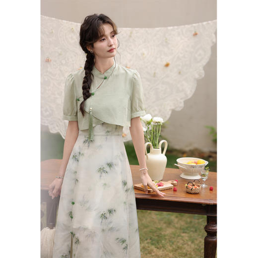 鹿向南 小个子《云雾竹吟》新中式连衣裙2024夏收腰裙子DC00907 商品图0