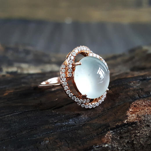 【天然正品】AU750精品玫瑰金镶钻镶天然高冰种蛋面翡翠（圆满、吉祥）戒指13号（戒圈可改）080724PM05 商品图2