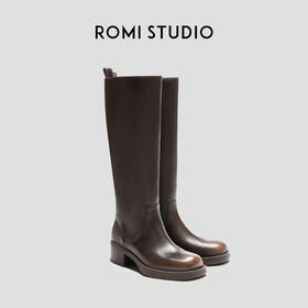 ROMI STUDIO “美拉德” 简约百搭粗跟方头深棕色直筒长靴 23AWS074
