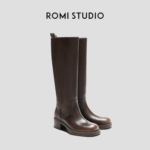 ROMI STUDIO “美拉德” 简约百搭粗跟方头深棕色直筒长靴 23AWS074 商品图0