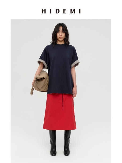HIDEMI 极简麂皮抽绳松紧带干爽棉口袋休闲感半身裙 马斯正红/雾霾蓝灰 商品图6
