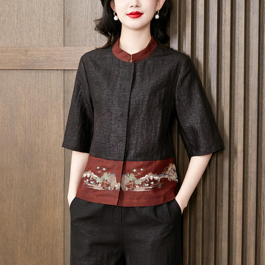 LS-2616香云纱龟裂纹衬衫2024新款夏季立领中袖贵夫人宽松桑蚕丝拼接上衣 商品图1