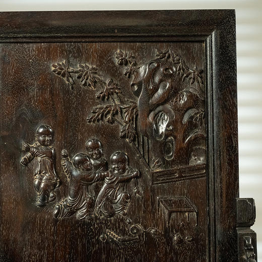 二十世纪 紫檀木雕庭院婴戏图诗文插屏 商品图2