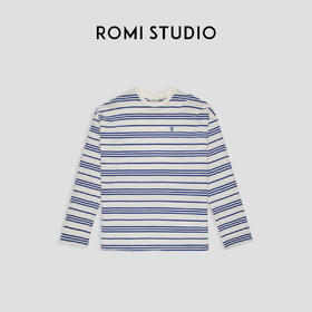 ROMI STUDIO复古率性 松弛感蓝白条纹刺绣圆领宽松长袖t恤 T3476